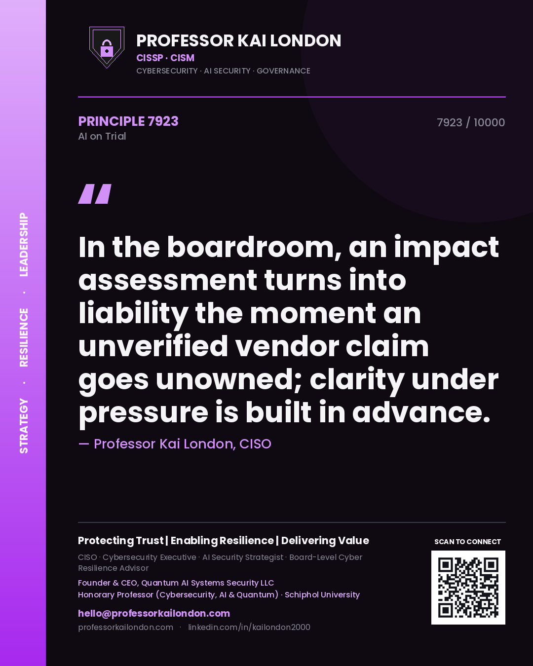 Professor Kai London principle 7923: In the boardroom, an impact assessment turns into liability the moment an unverified vendor claim goes unowned; clarity under pressure is built in advance.