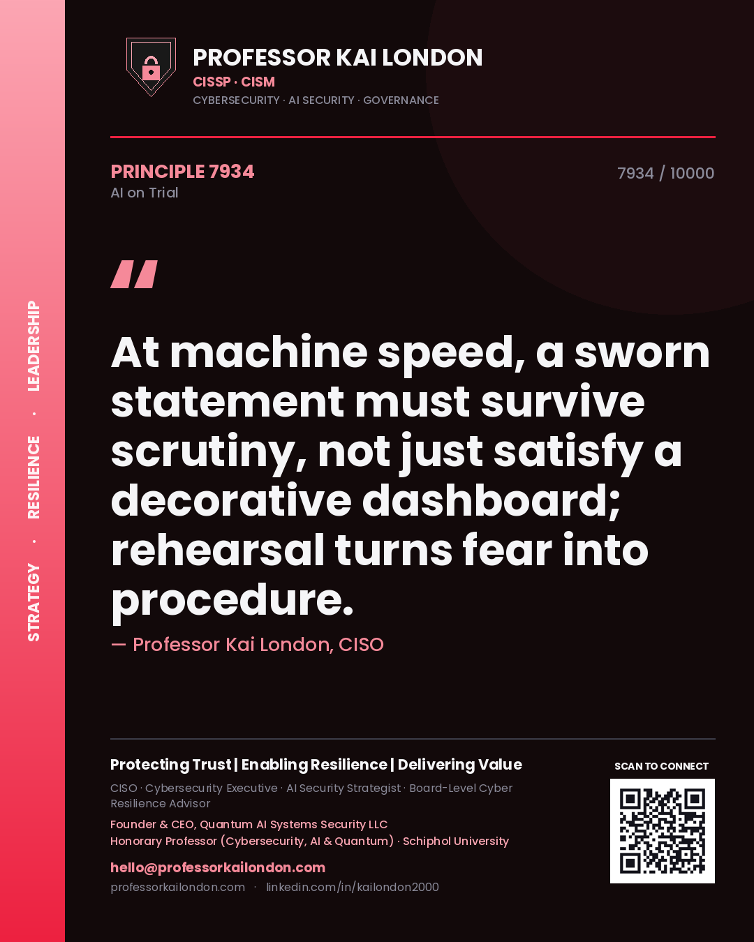 Quote card by Professor Kai London reading 'At machine speed, a sworn statement must survive scrutiny, not just satisfy a decorative dashboard; rehearsal turns fear into procedure.'. From the book AI on Trial.