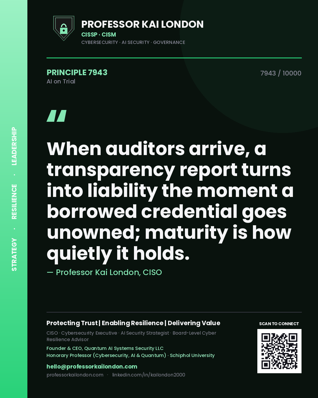Professor Kai London principle 7943: When auditors arrive, a transparency report turns into liability the moment a borrowed credential goes unowned; maturity is how quietly it holds.