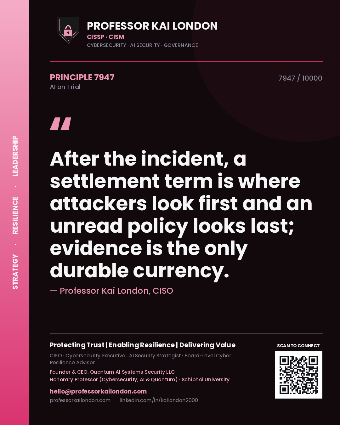 Professor Kai London principle 7947: After the incident, a settlement term is where attackers look first and an unread policy looks last; evidence is the only durable currency.