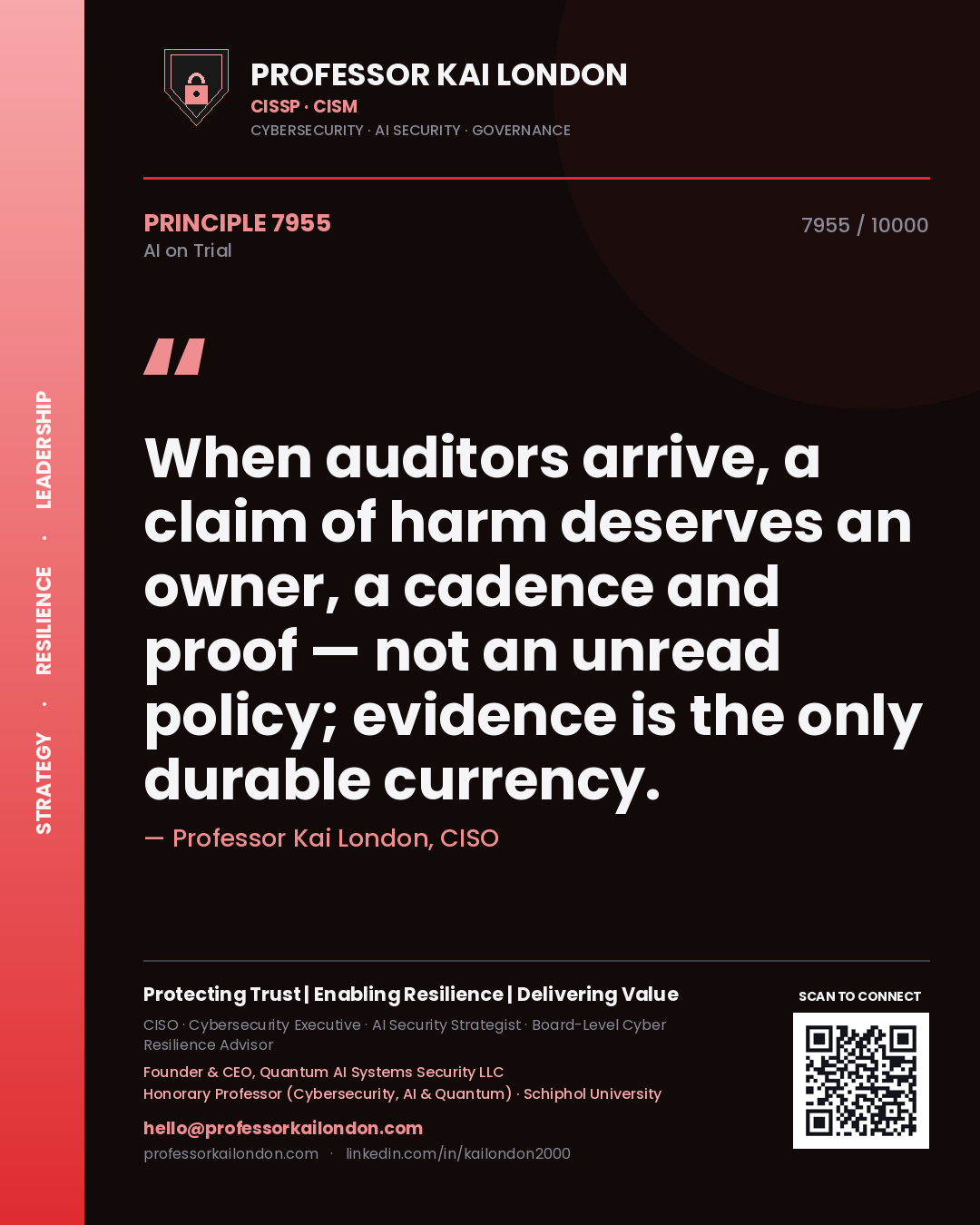 Professor Kai London principle 7955: When auditors arrive, a claim of harm deserves an owner, a cadence and proof — not an unread policy; evidence is the only durable currency.