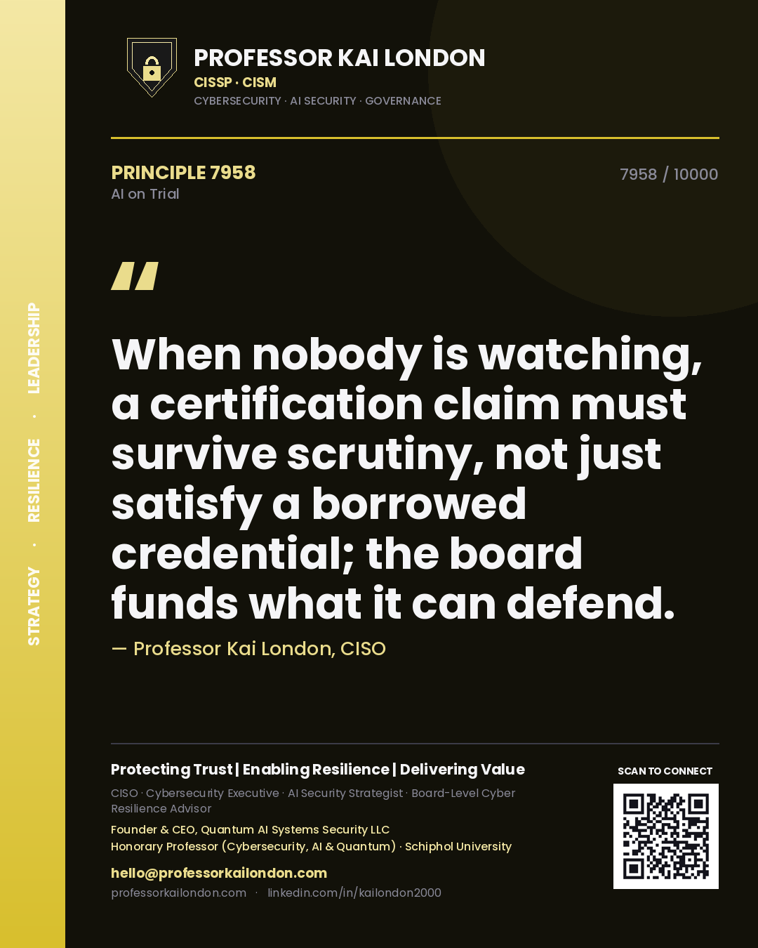 Professor Kai London principle 7958: When nobody is watching, a certification claim must survive scrutiny, not just satisfy a borrowed credential; the board funds what it can defend.