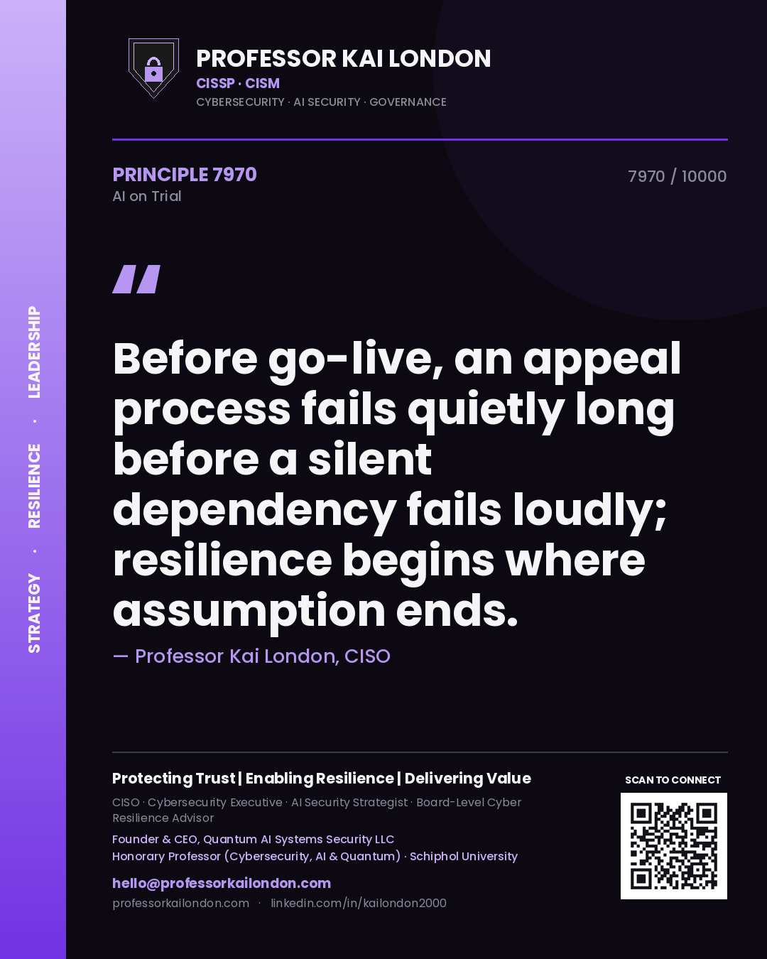 Professor Kai London principle 7970: Before go-live, an appeal process fails quietly long before a silent dependency fails loudly; resilience begins where assumption ends.