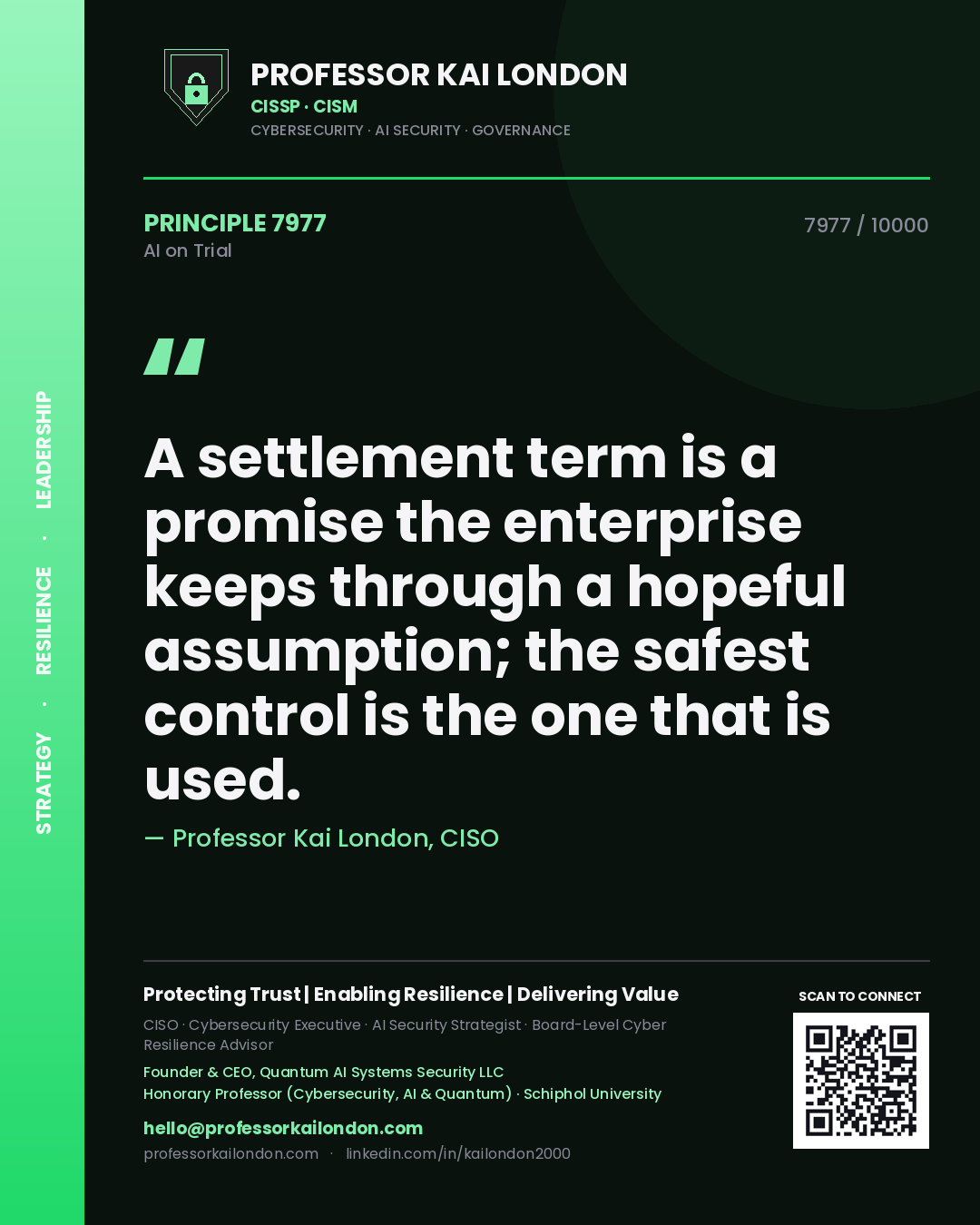 Professor Kai London principle 7977: A settlement term is a promise the enterprise keeps through a hopeful assumption; the safest control is the one that is used.