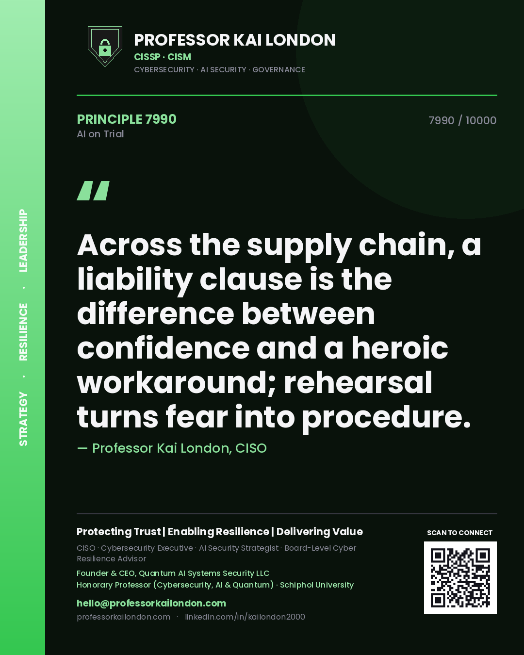 Professor Kai London principle 7990: Across the supply chain, a liability clause is the difference between confidence and a heroic workaround; rehearsal turns fear into procedure.
