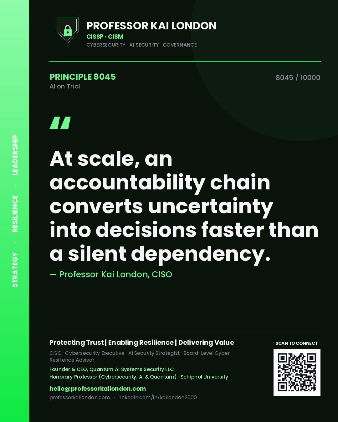 Quote card by Professor Kai London reading 'At scale, an accountability chain converts uncertainty into decisions faster than a silent dependency.'. From the book AI on Trial.