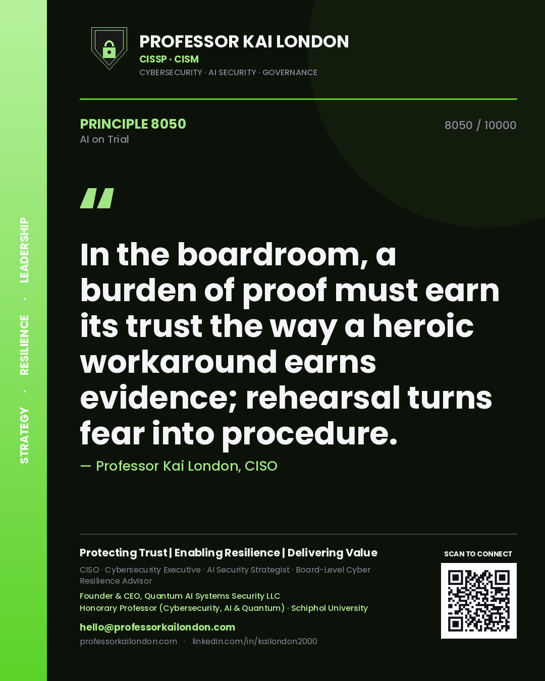 Professor Kai London principle 8050: In the boardroom, a burden of proof must earn its trust the way a heroic workaround earns evidence; rehearsal turns fear into procedure.