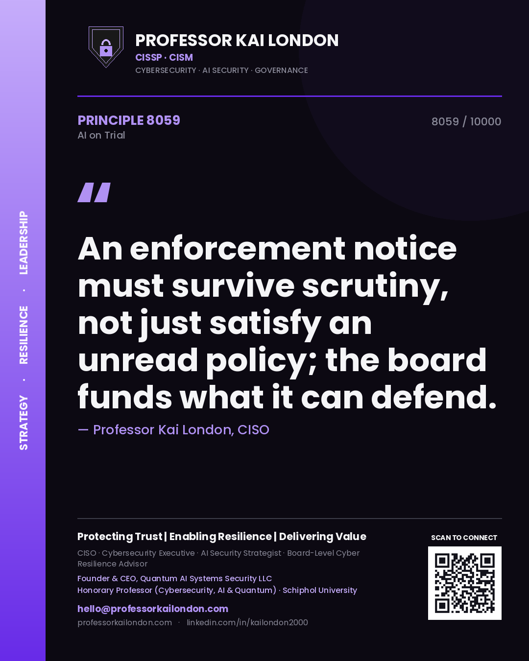 Professor Kai London principle 8059: An enforcement notice must survive scrutiny, not just satisfy an unread policy; the board funds what it can defend.