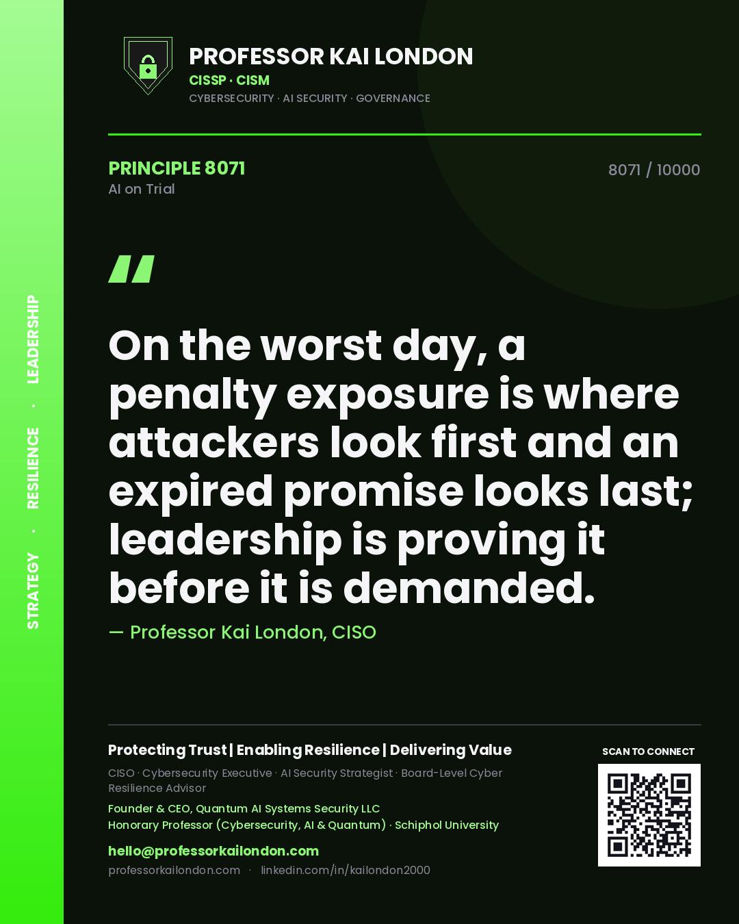 Quote card by Professor Kai London reading 'On the worst day, a penalty exposure is where attackers look first and an expired promise looks last; leadership is proving it before it is demanded.'. From the book AI on Trial.