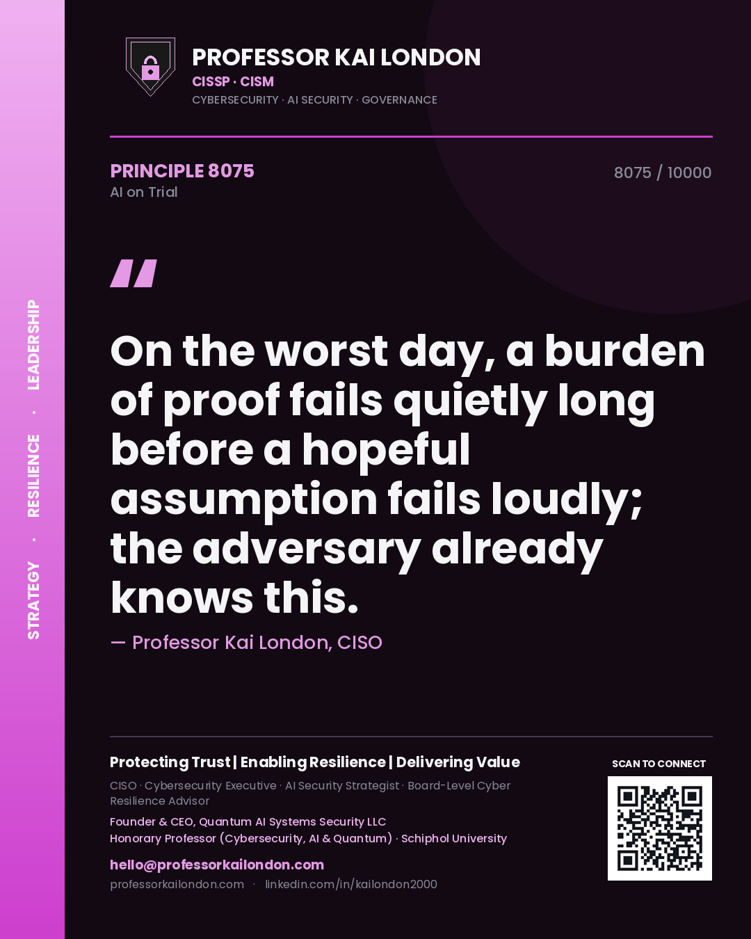 Professor Kai London principle 8075: On the worst day, a burden of proof fails quietly long before a hopeful assumption fails loudly; the adversary already knows this.