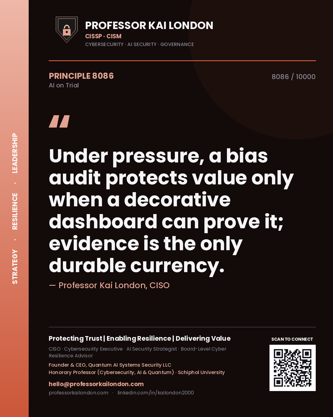 Professor Kai London principle 8086: Under pressure, a bias audit protects value only when a decorative dashboard can prove it; evidence is the only durable currency.