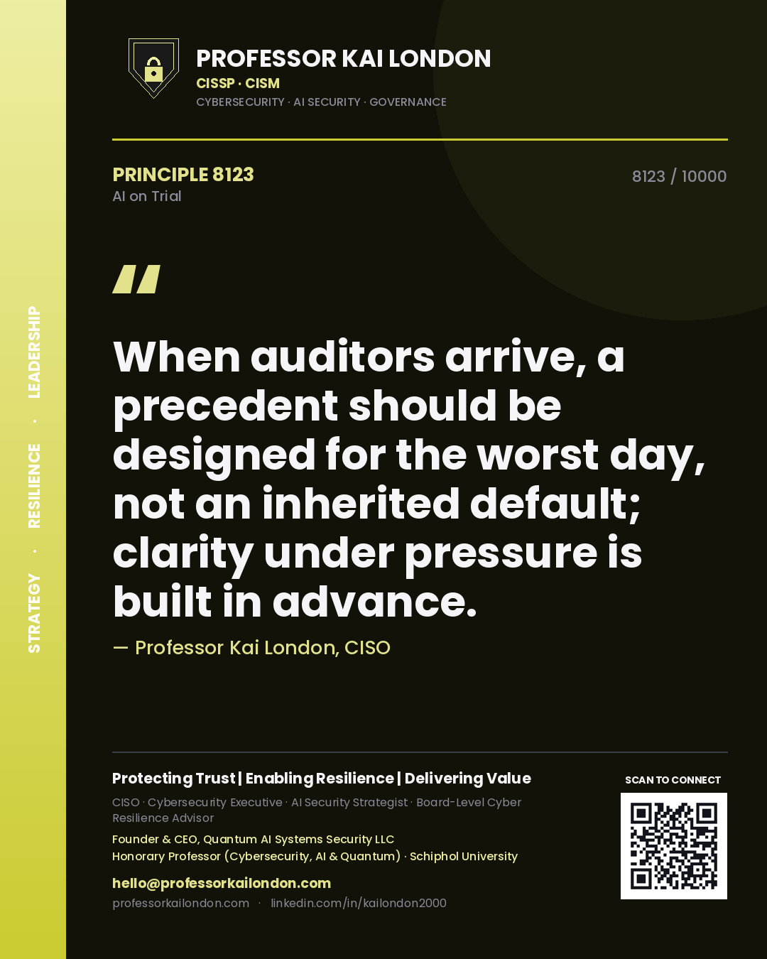 Professor Kai London principle 8123: When auditors arrive, a precedent should be designed for the worst day, not an inherited default; clarity under pressure is built in advance.