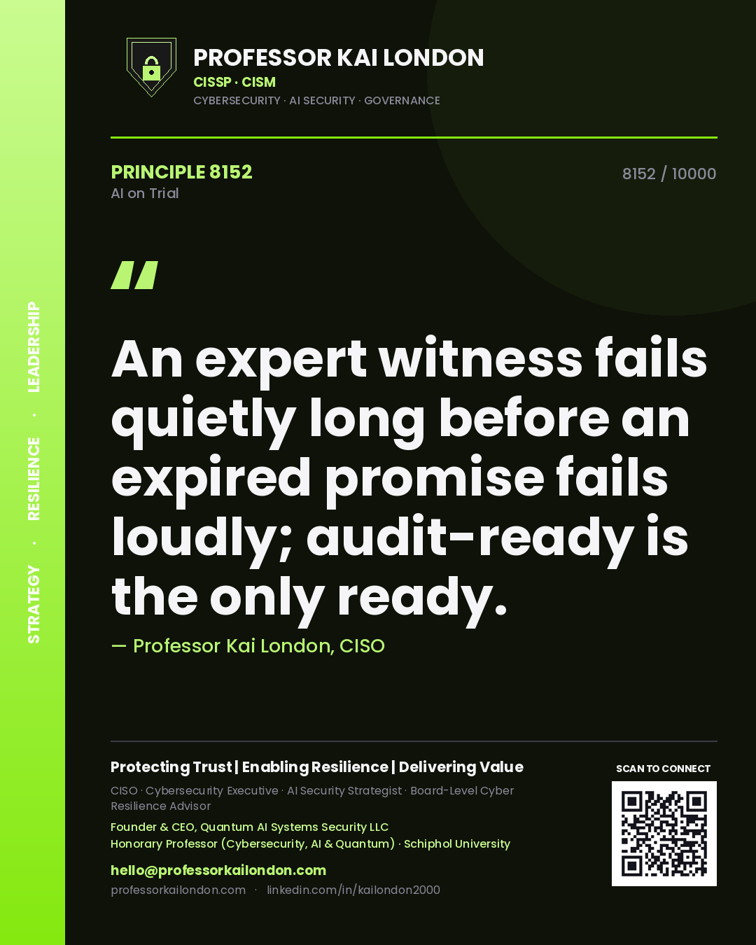 Professor Kai London principle 8152: An expert witness fails quietly long before an expired promise fails loudly; audit-ready is the only ready.