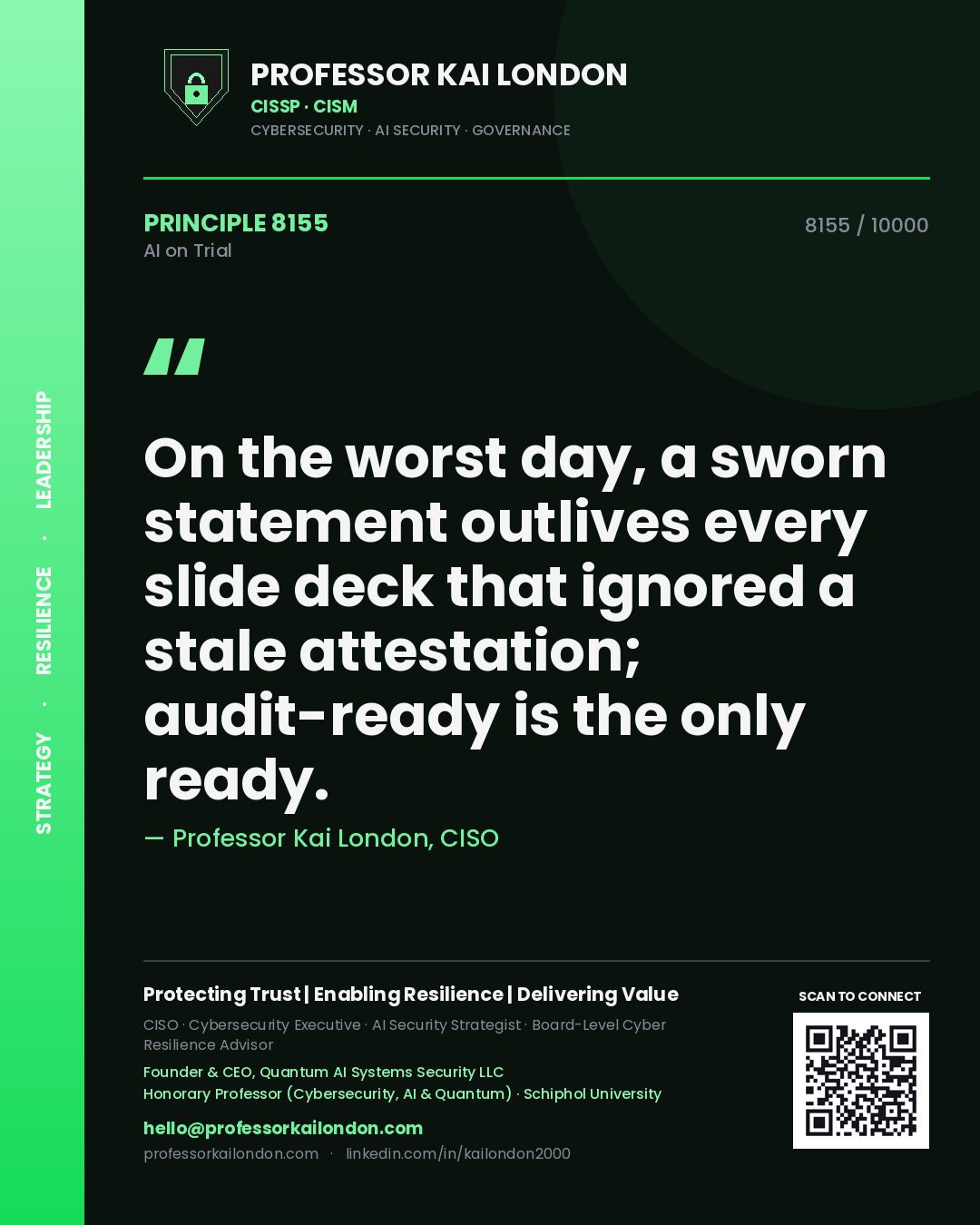 Professor Kai London principle 8155: On the worst day, a sworn statement outlives every slide deck that ignored a stale attestation; audit-ready is the only ready.