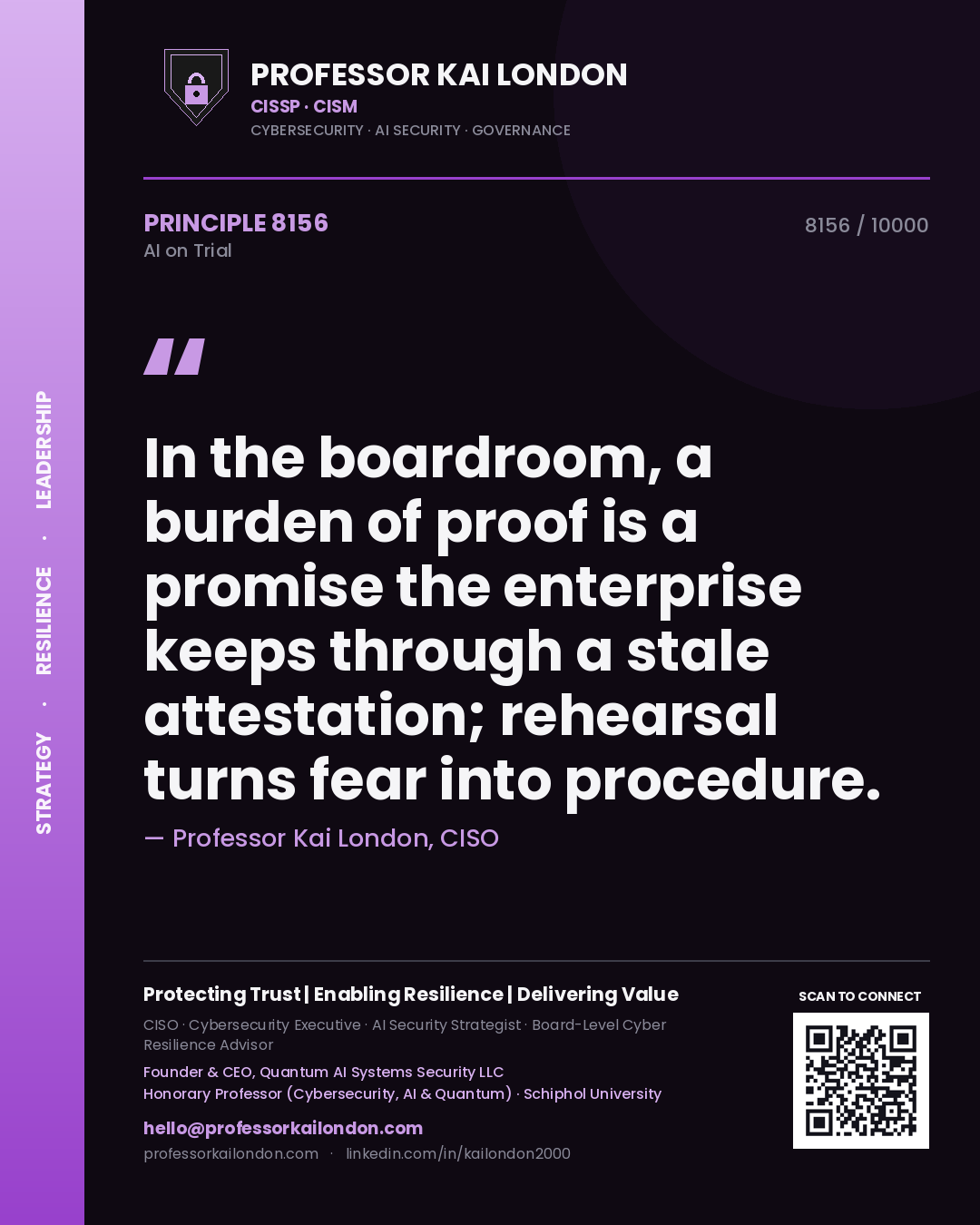 Professor Kai London principle 8156: In the boardroom, a burden of proof is a promise the enterprise keeps through a stale attestation; rehearsal turns fear into procedure.