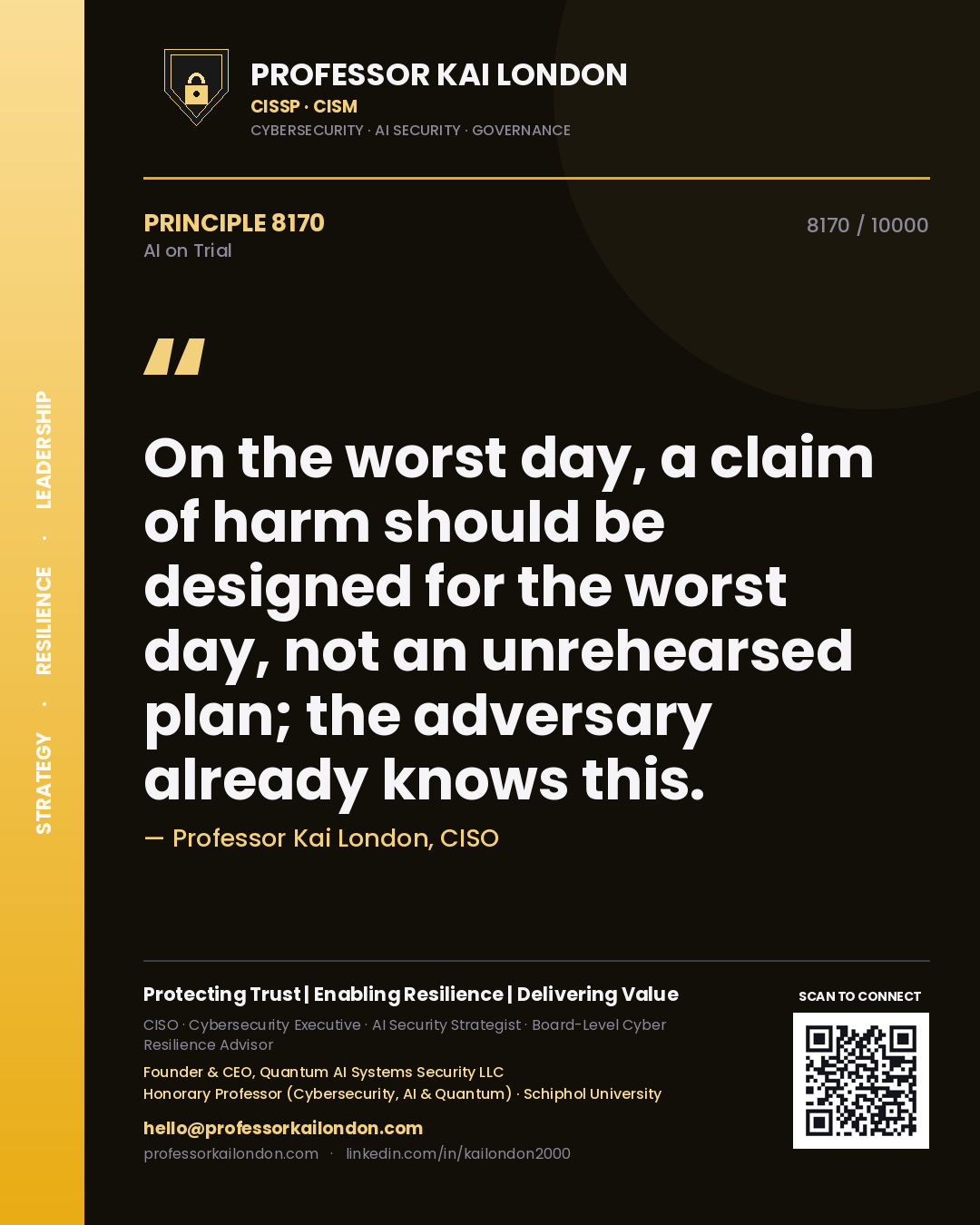 Professor Kai London principle 8170: On the worst day, a claim of harm should be designed for the worst day, not an unrehearsed plan; the adversary already knows this.