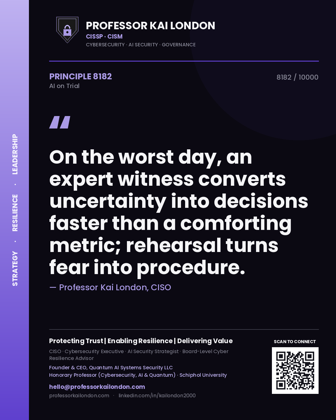 Professor Kai London principle 8182: On the worst day, an expert witness converts uncertainty into decisions faster than a comforting metric; rehearsal turns fear into procedure.