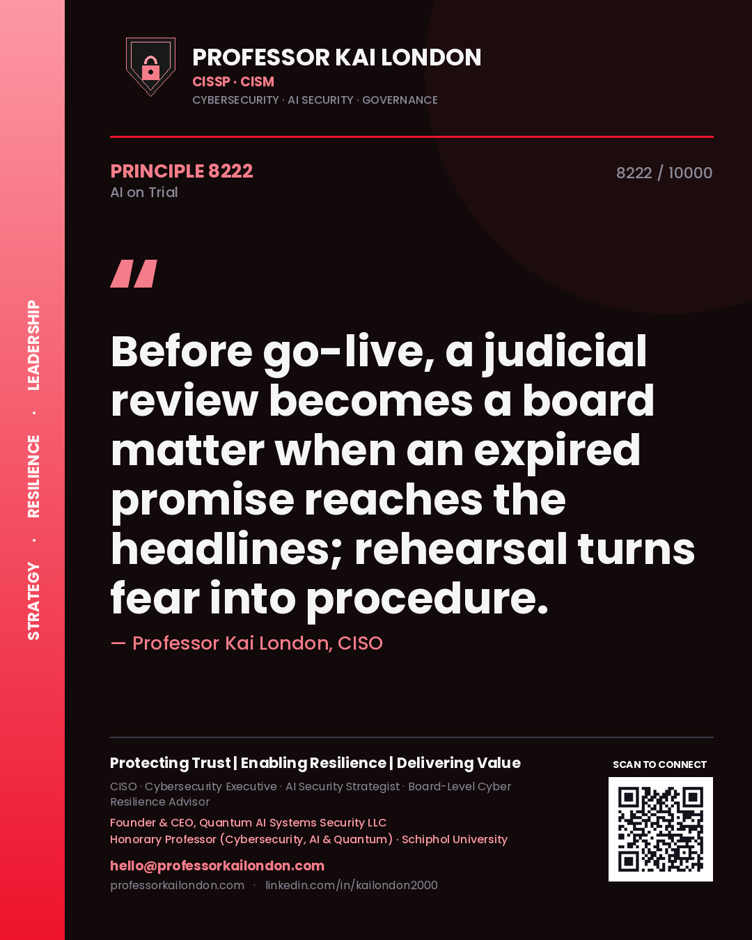 Quote card by Professor Kai London reading 'Before go-live, a judicial review becomes a board matter when an expired promise reaches the headlines; rehearsal turns fear into procedure.'. From the book AI on Trial.