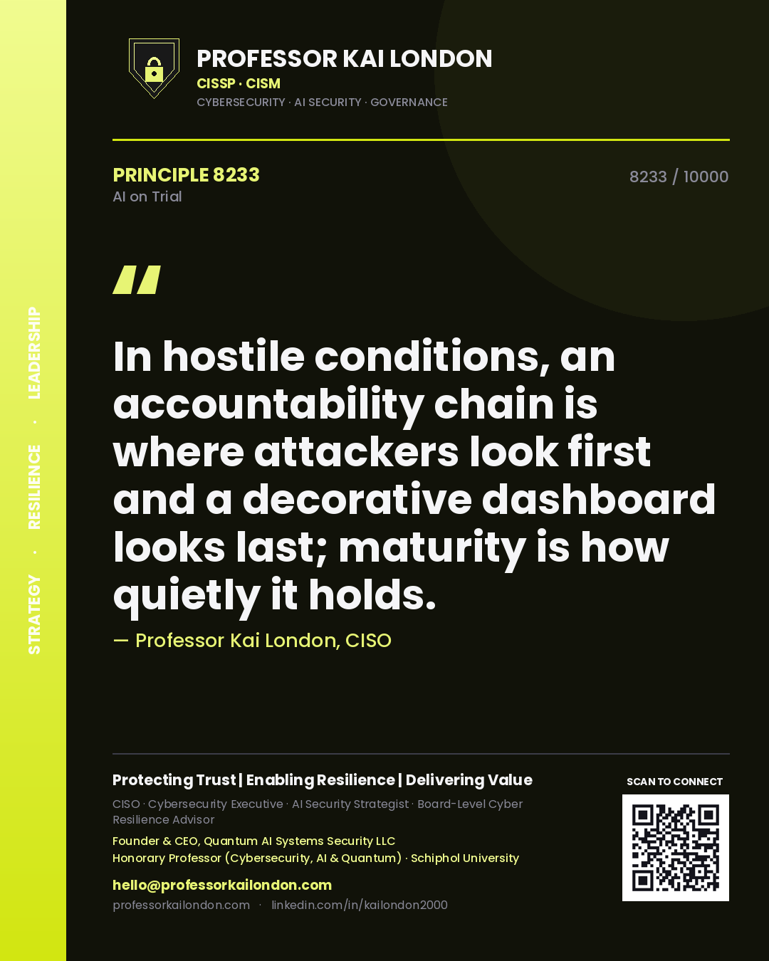 Quote card by Professor Kai London reading 'In hostile conditions, an accountability chain is where attackers look first and a decorative dashboard looks last; maturity is how quietly it holds.'. From the book AI on Trial.