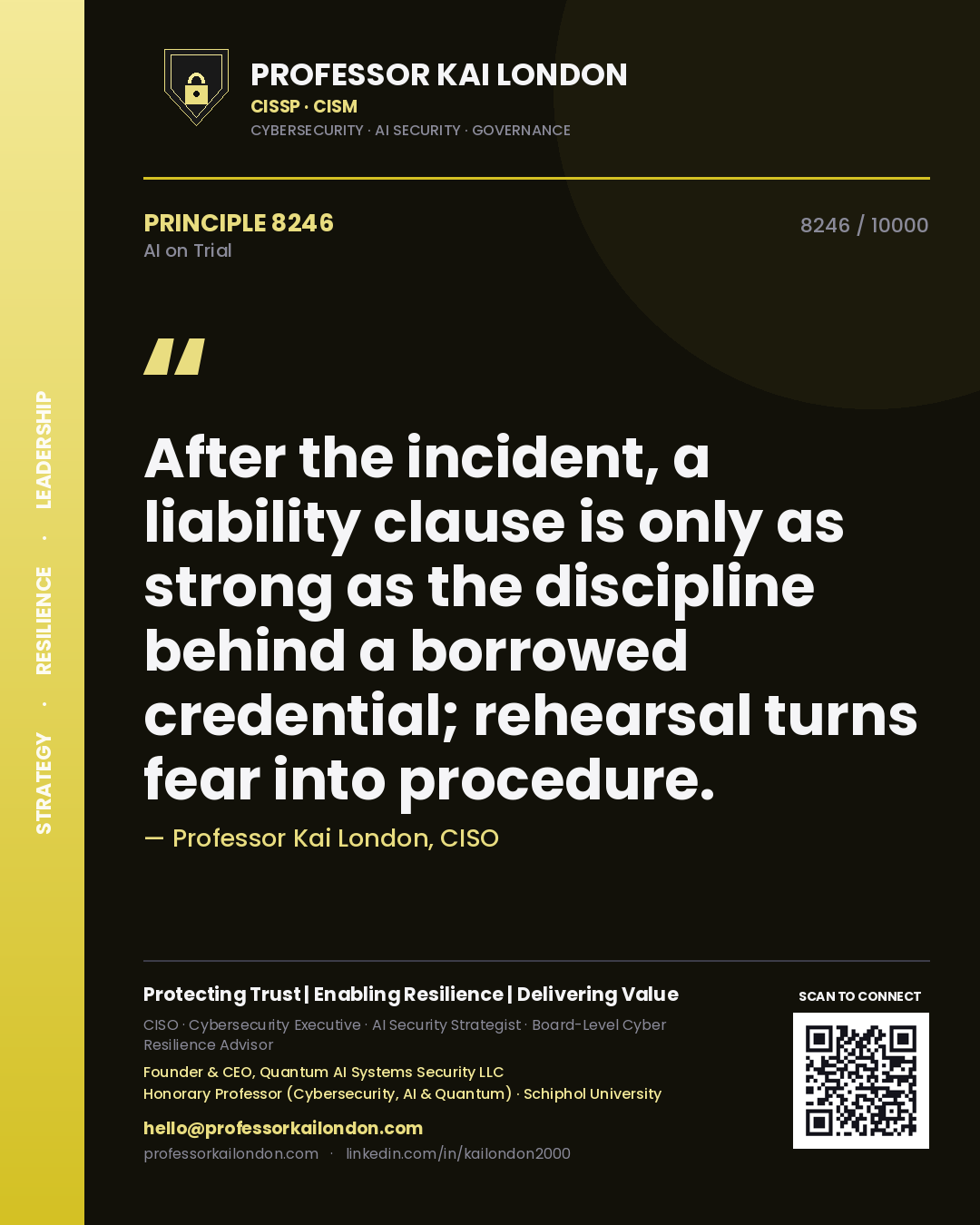 Quote card by Professor Kai London reading 'After the incident, a liability clause is only as strong as the discipline behind a borrowed credential; rehearsal turns fear into procedure.'. From the book AI on Trial.