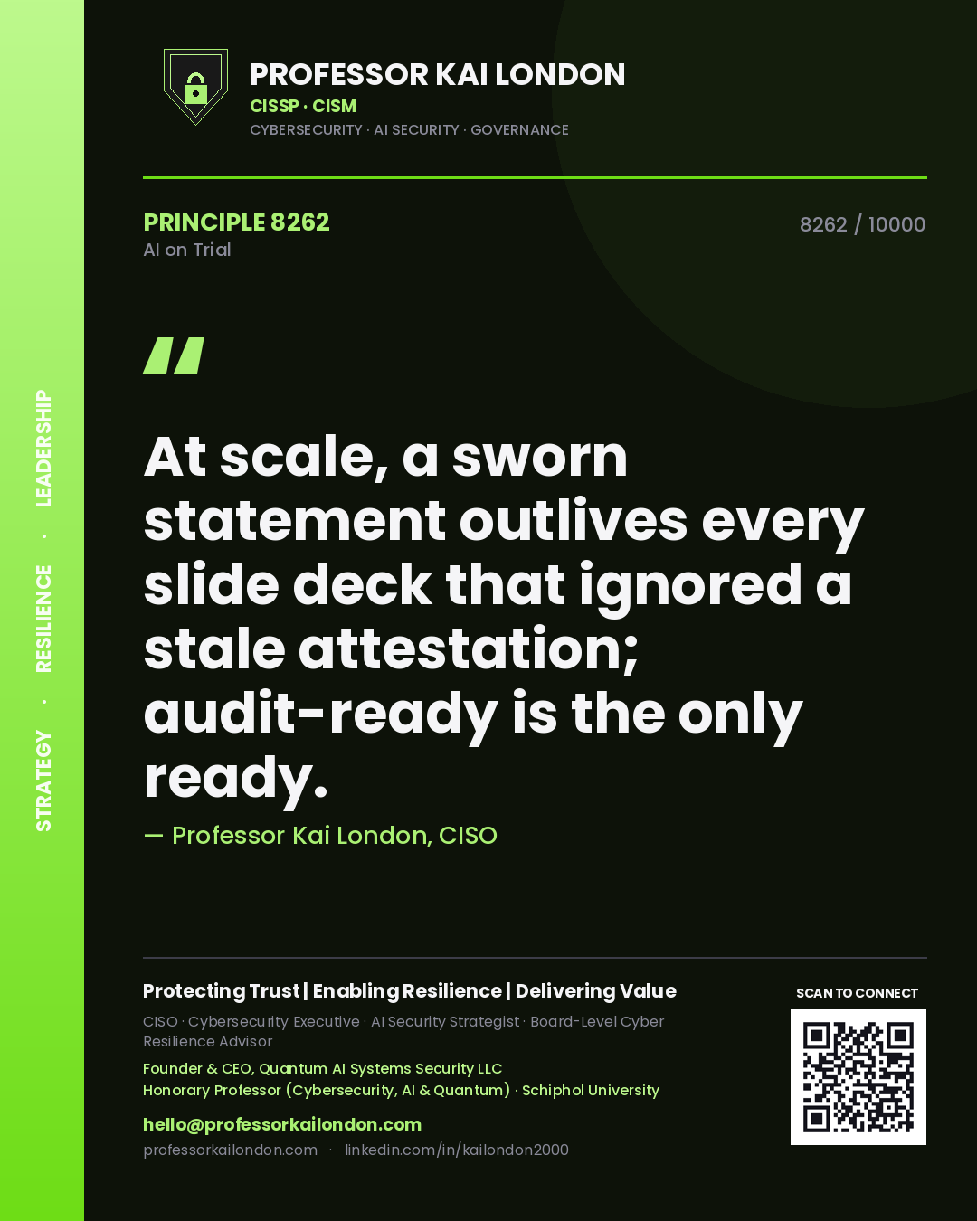 Quote card by Professor Kai London reading 'At scale, a sworn statement outlives every slide deck that ignored a stale attestation; audit-ready is the only ready.'. From the book AI on Trial.