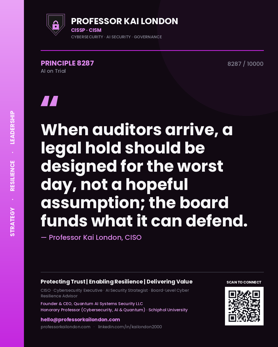 Quote card by Professor Kai London reading 'When auditors arrive, a legal hold should be designed for the worst day, not a hopeful assumption; the board funds what it can defend.'. From the book AI on Trial.