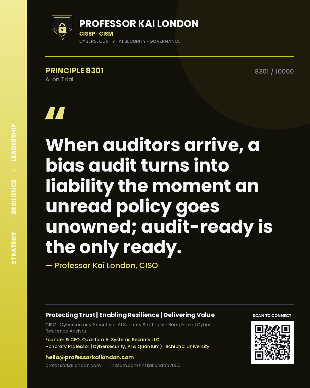 Quote card by Professor Kai London reading 'When auditors arrive, a bias audit turns into liability the moment an unread policy goes unowned; audit-ready is the only ready.'. From the book AI on Trial.