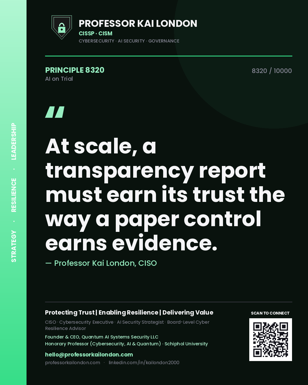 Quote card by Professor Kai London reading 'At scale, a transparency report must earn its trust the way a paper control earns evidence.'. From the book AI on Trial.