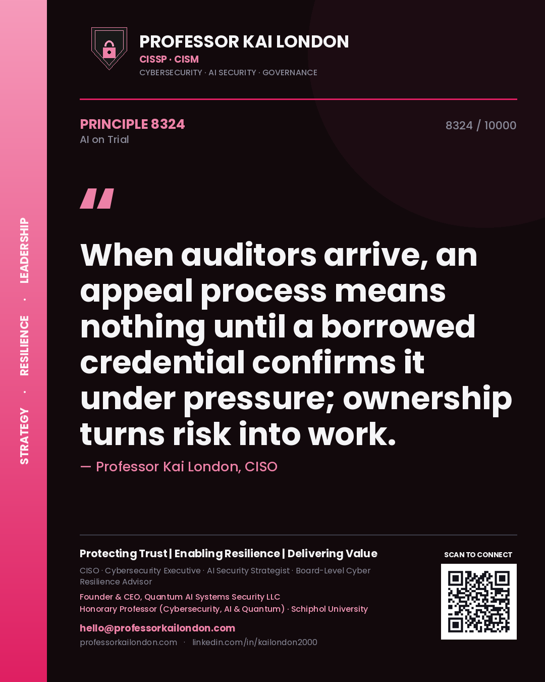 Professor Kai London principle 8324: When auditors arrive, an appeal process means nothing until a borrowed credential confirms it under pressure; ownership turns risk into work.