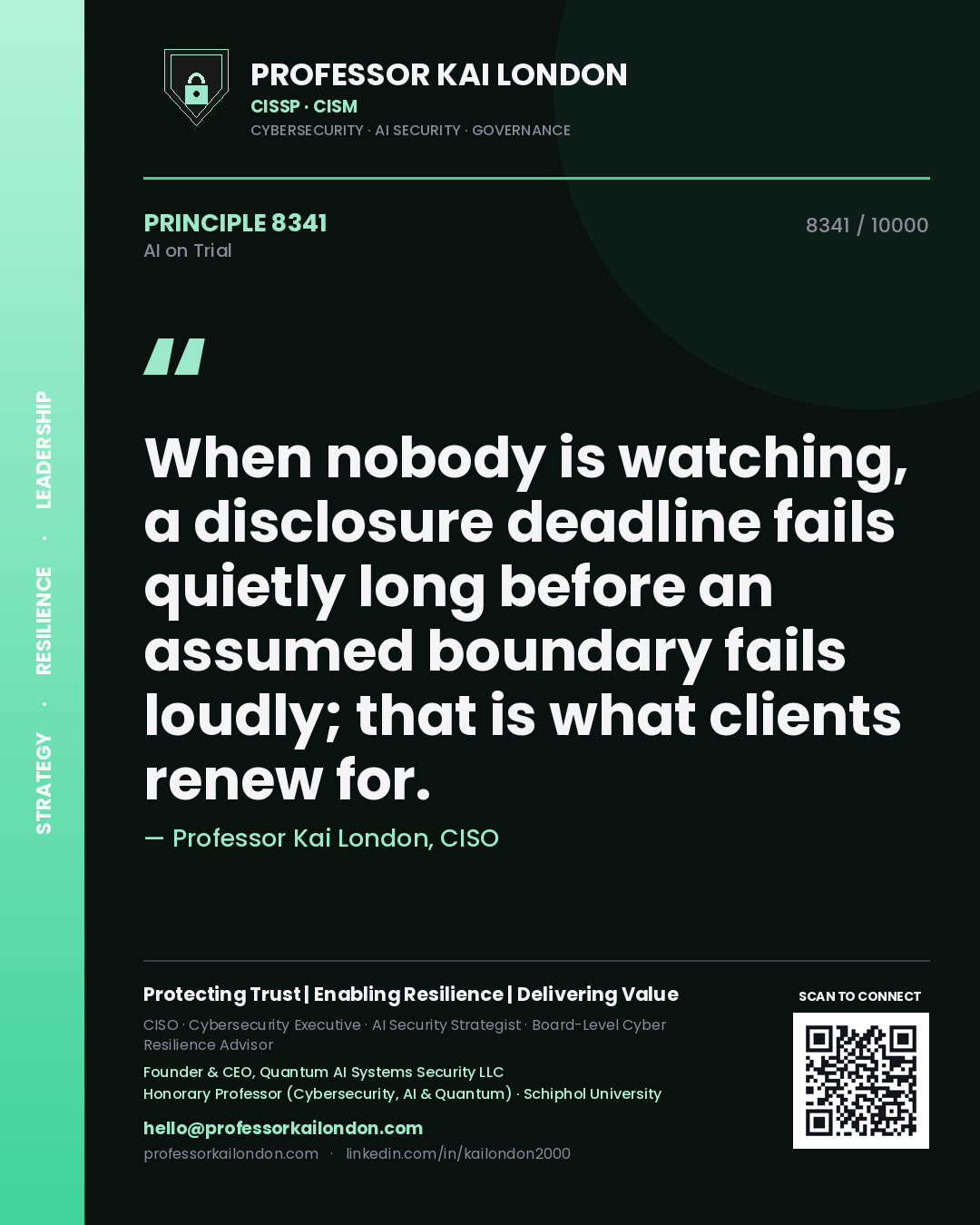 Quote card by Professor Kai London reading 'When nobody is watching, a disclosure deadline fails quietly long before an assumed boundary fails loudly; that is what clients renew for.'. From the book AI on Trial.