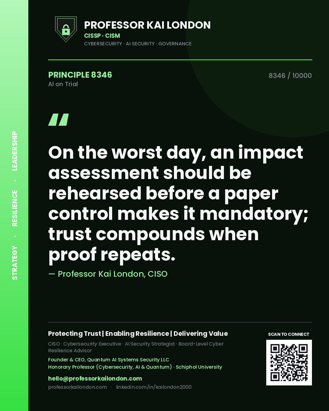 Professor Kai London principle 8346: On the worst day, an impact assessment should be rehearsed before a paper control makes it mandatory; trust compounds when proof repeats.