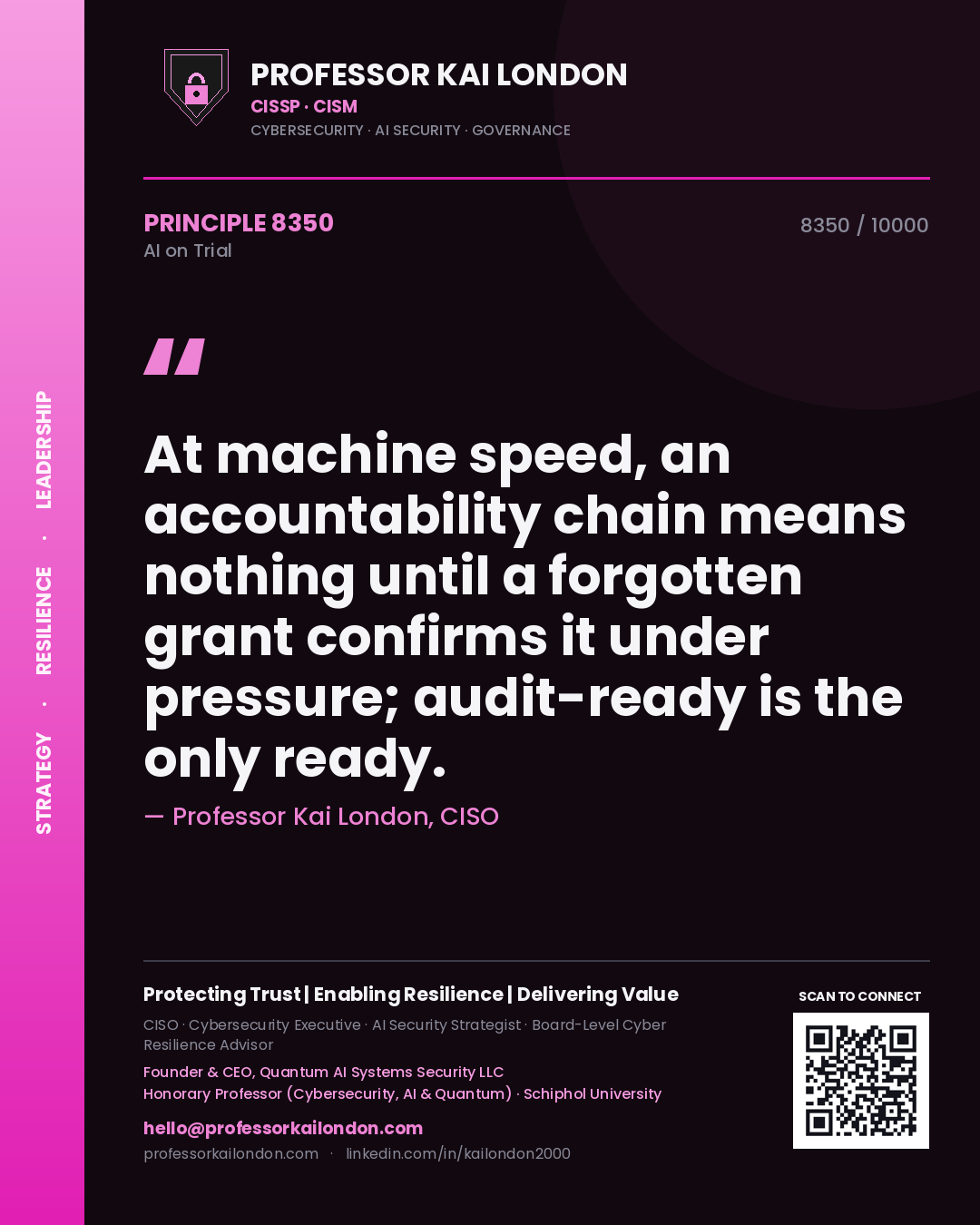 Quote card by Professor Kai London reading 'At machine speed, an accountability chain means nothing until a forgotten grant confirms it under pressure; audit-ready is the only ready.'. From the book AI on Trial.