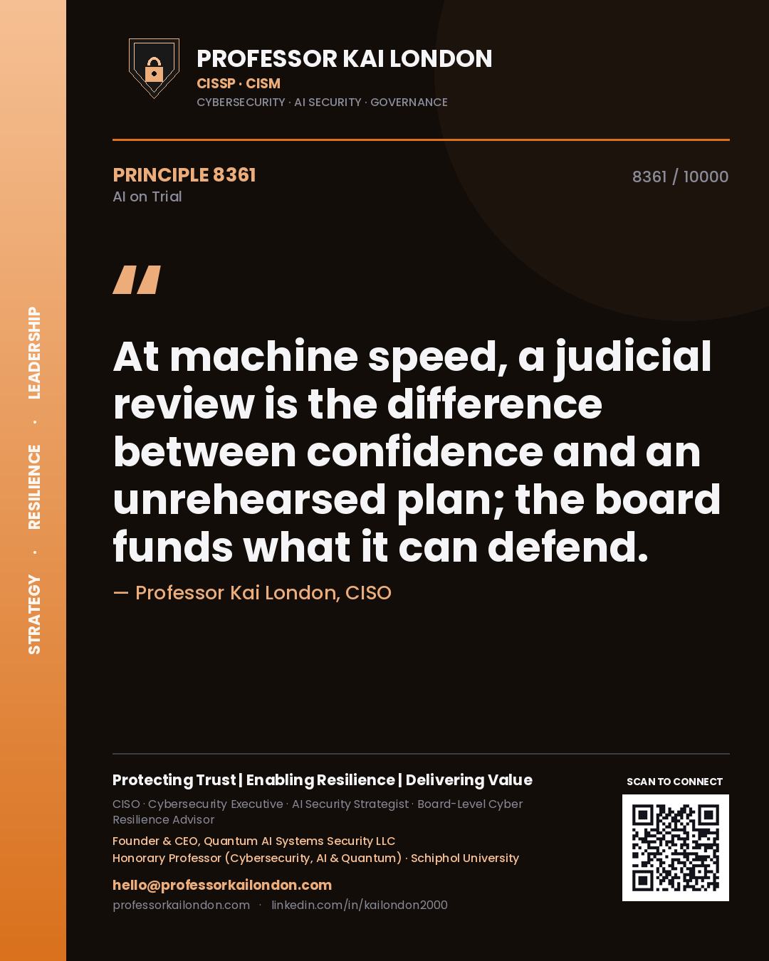 Professor Kai London principle 8361: At machine speed, a judicial review is the difference between confidence and an unrehearsed plan; the board funds what it can defend.