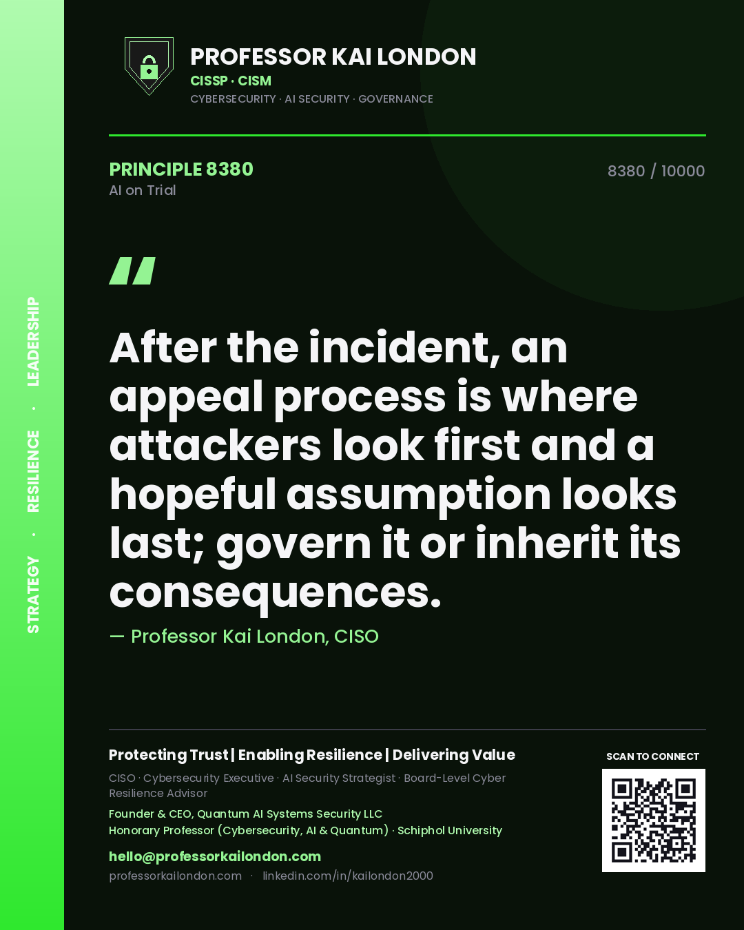 Professor Kai London principle 8380: After the incident, an appeal process is where attackers look first and a hopeful assumption looks last; govern it or inherit its consequences.