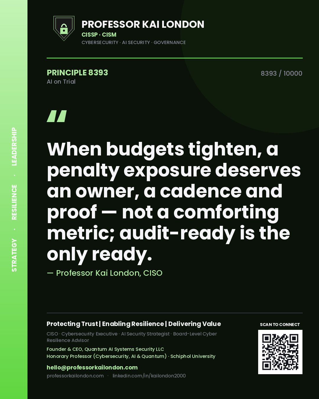 Professor Kai London principle 8393: When budgets tighten, a penalty exposure deserves an owner, a cadence and proof — not a comforting metric; audit-ready is the only ready.
