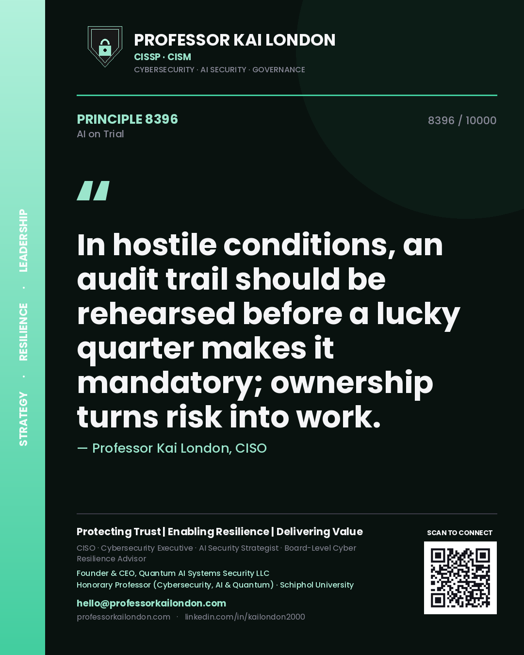 Quote card by Professor Kai London reading 'In hostile conditions, an audit trail should be rehearsed before a lucky quarter makes it mandatory; ownership turns risk into work.'. From the book AI on Trial.