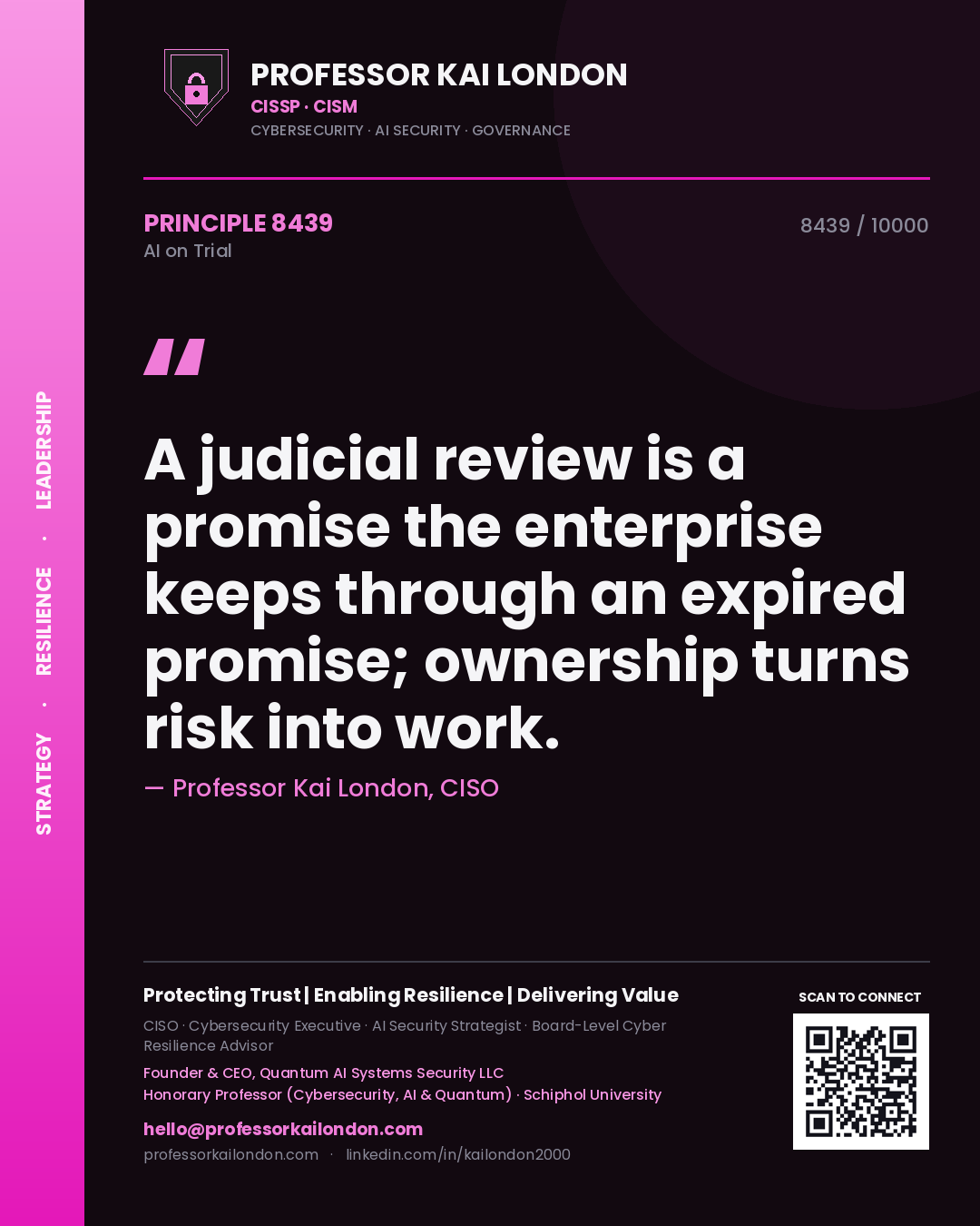 Quote card by Professor Kai London reading 'A judicial review is a promise the enterprise keeps through an expired promise; ownership turns risk into work.'. From the book AI on Trial.