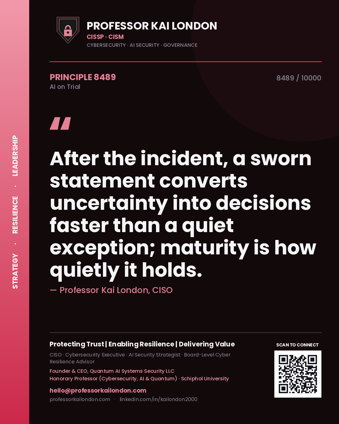 Quote card by Professor Kai London reading 'After the incident, a sworn statement converts uncertainty into decisions faster than a quiet exception; maturity is how quietly it holds.'. From the book AI on Trial.