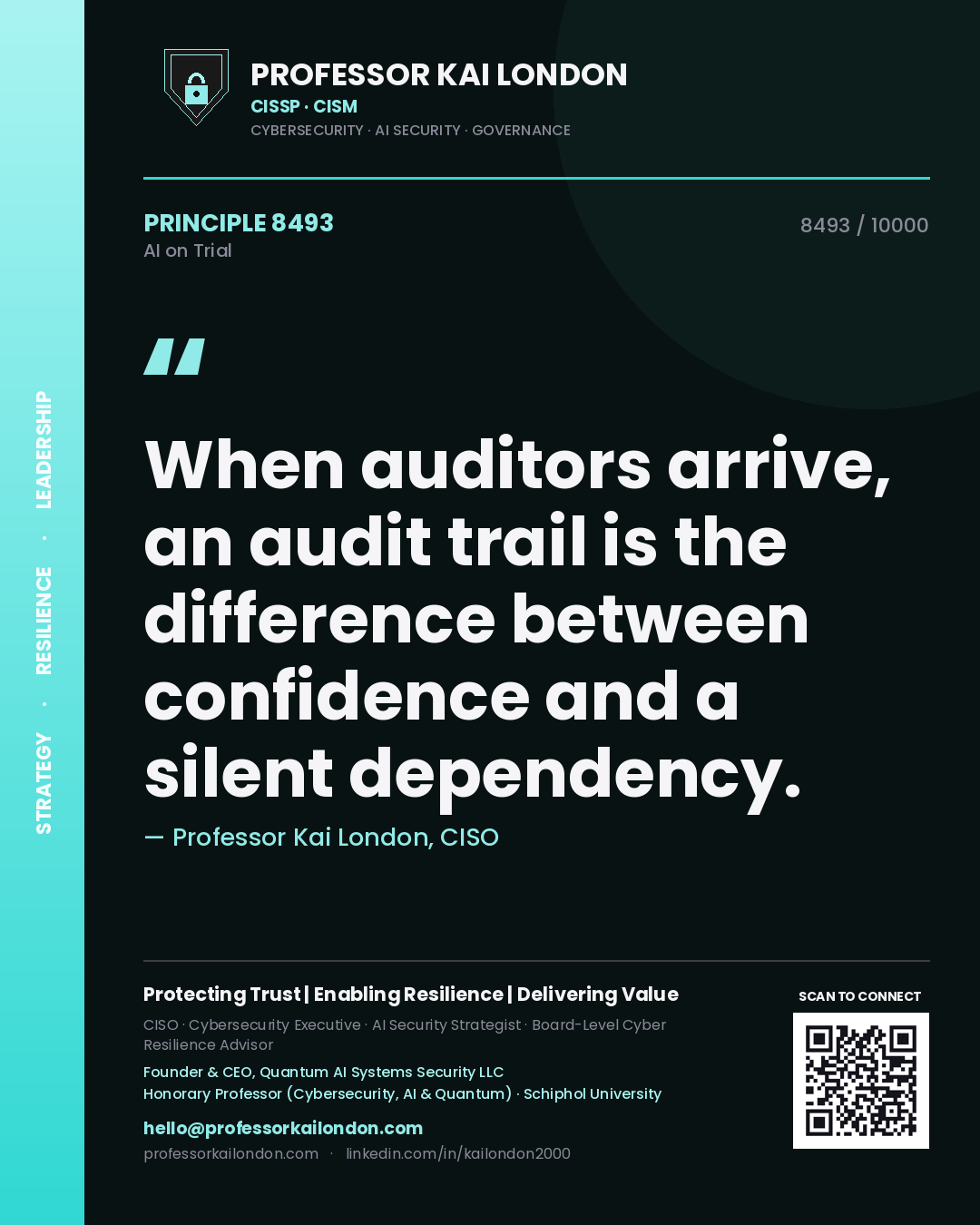 Quote card by Professor Kai London reading 'When auditors arrive, an audit trail is the difference between confidence and a silent dependency.'. From the book AI on Trial.