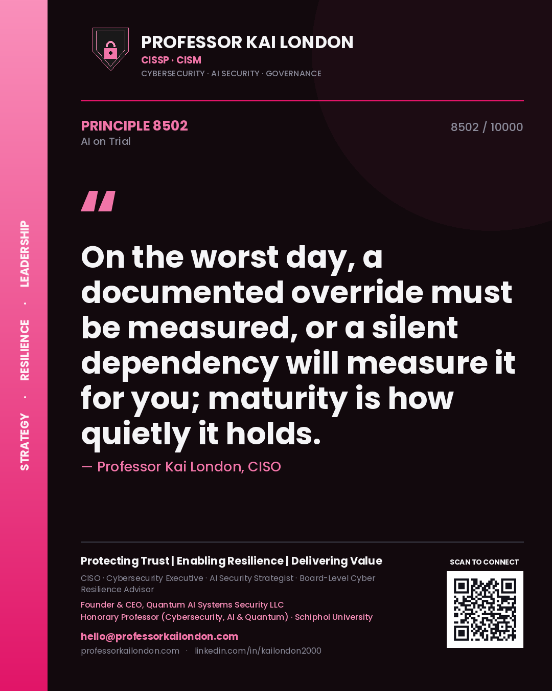 Professor Kai London principle 8502: On the worst day, a documented override must be measured, or a silent dependency will measure it for you; maturity is how quietly it holds.