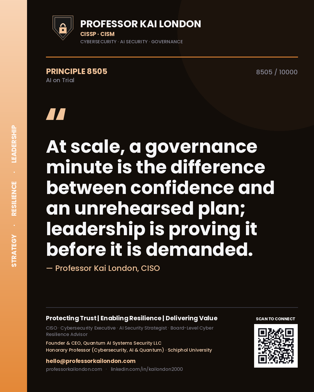 Professor Kai London principle 8505: At scale, a governance minute is the difference between confidence and an unrehearsed plan; leadership is proving it before it is demanded.