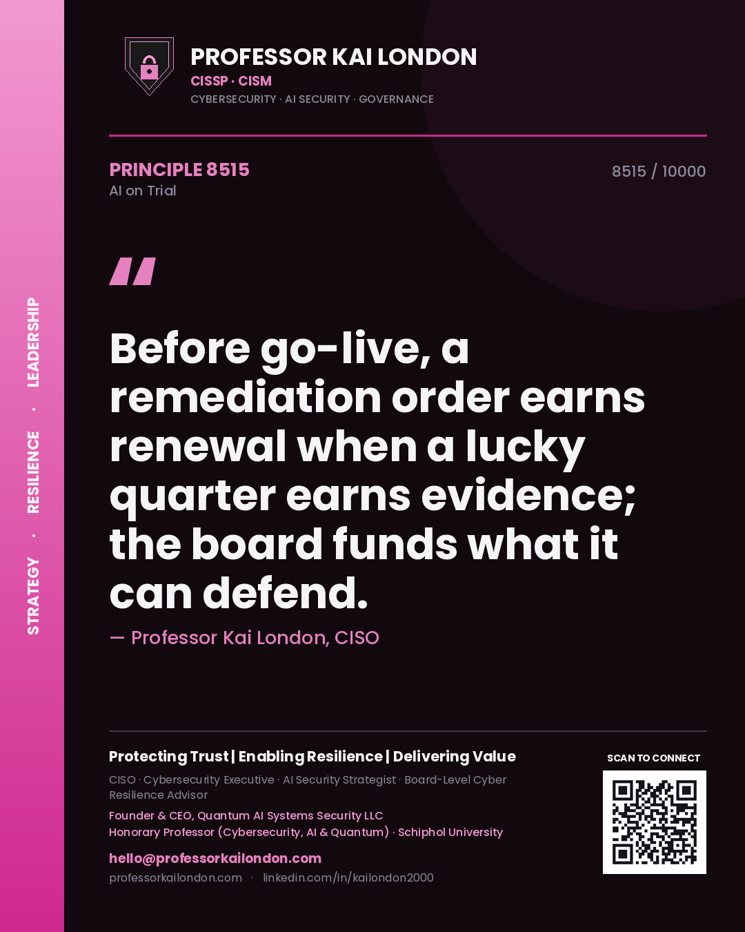 Quote card by Professor Kai London reading 'Before go-live, a remediation order earns renewal when a lucky quarter earns evidence; the board funds what it can defend.'. From the book AI on Trial.