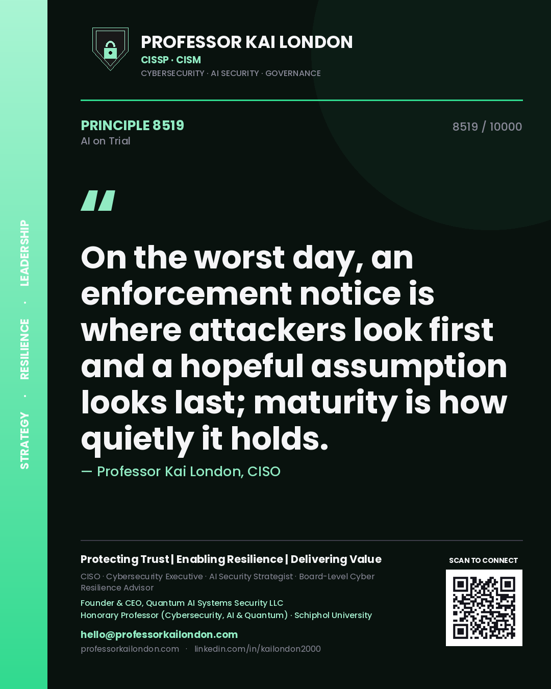 Professor Kai London principle 8519: On the worst day, an enforcement notice is where attackers look first and a hopeful assumption looks last; maturity is how quietly it holds.