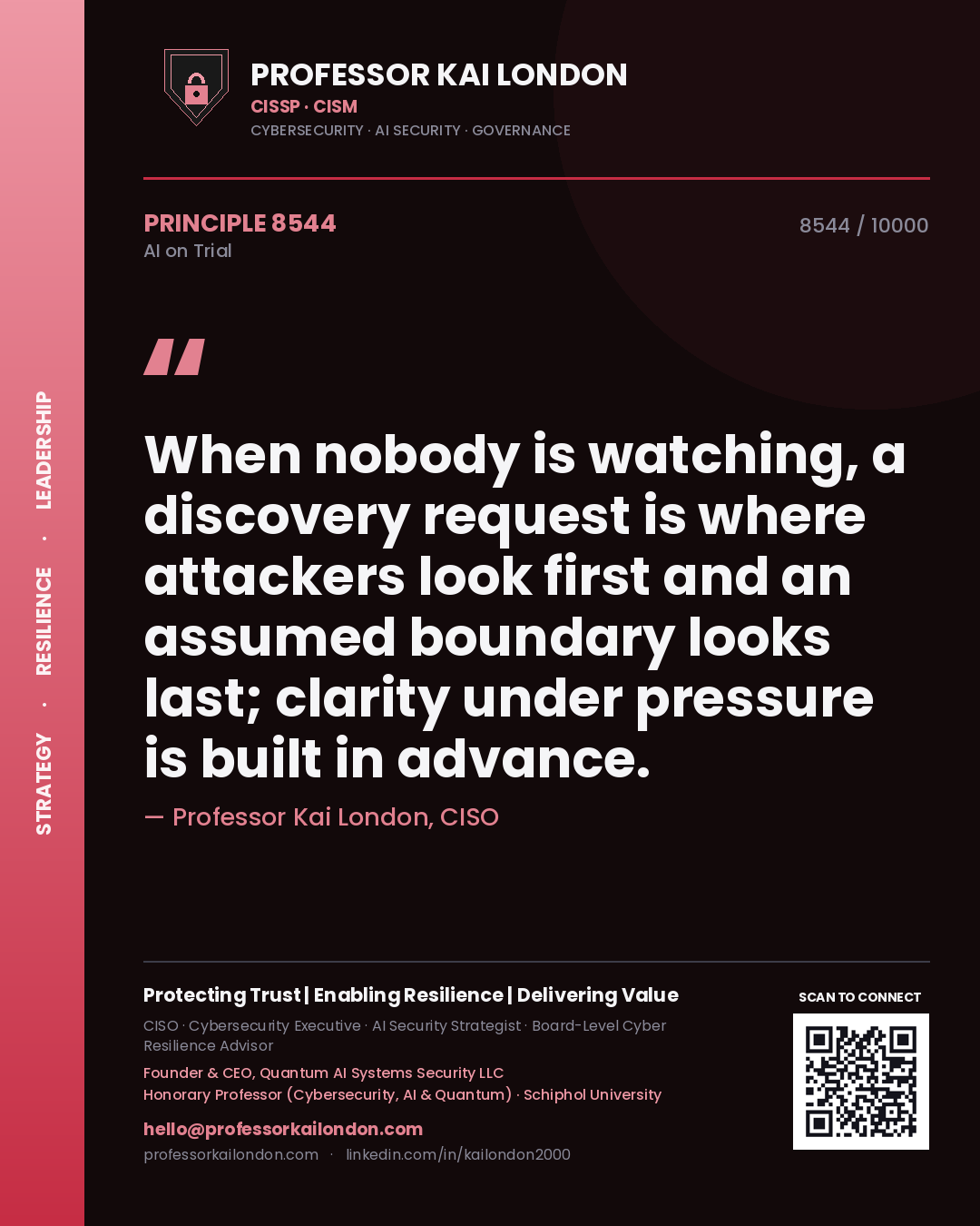 Professor Kai London principle 8544: When nobody is watching, a discovery request is where attackers look first and an assumed boundary looks last; clarity under pressure is built in advance.