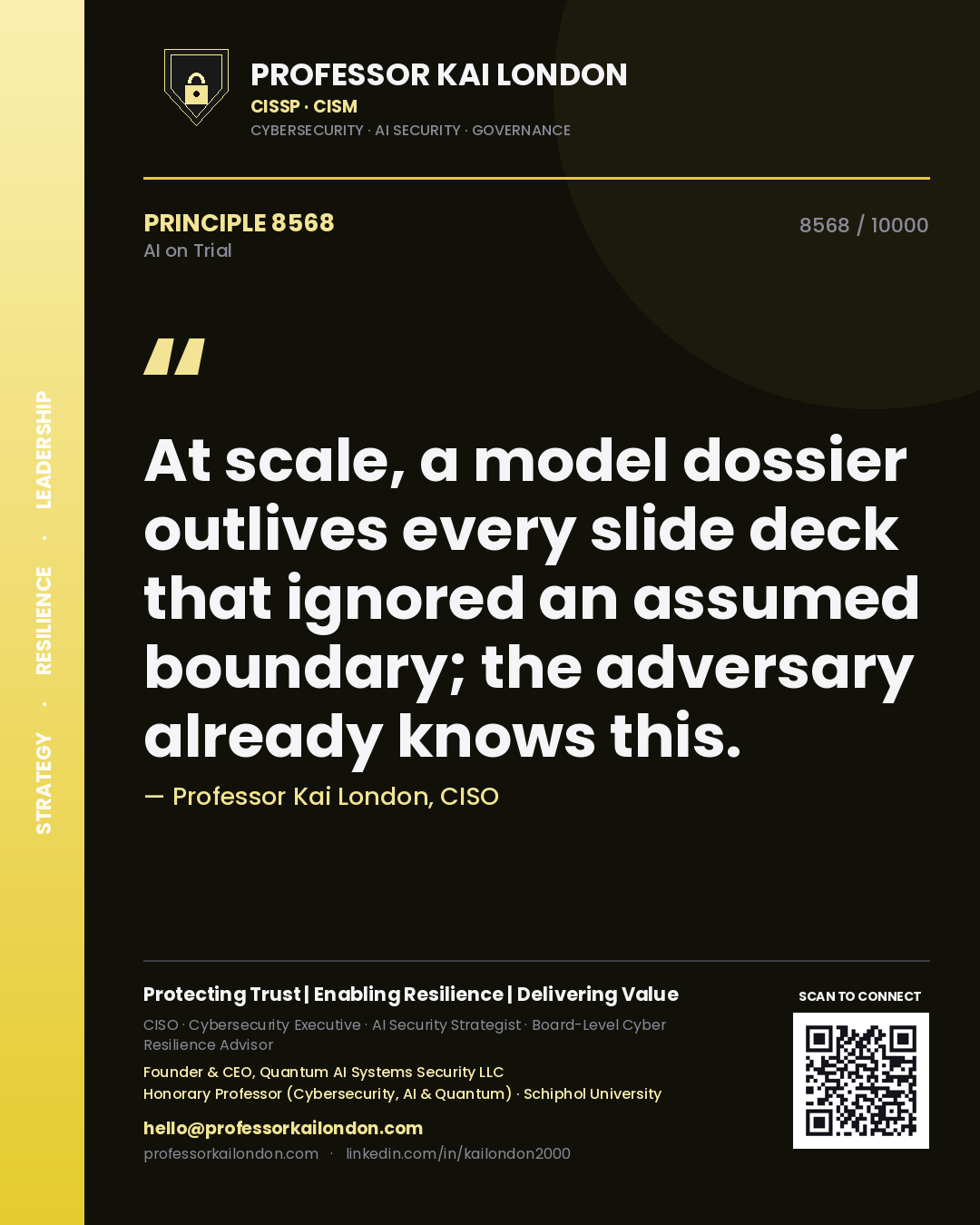 Professor Kai London principle 8568: At scale, a model dossier outlives every slide deck that ignored an assumed boundary; the adversary already knows this.