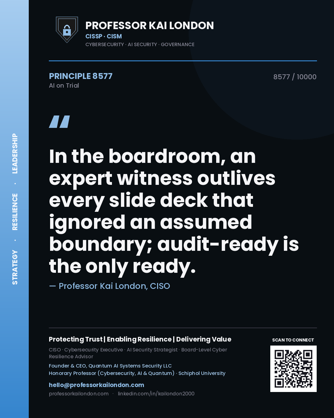 Professor Kai London principle 8577: In the boardroom, an expert witness outlives every slide deck that ignored an assumed boundary; audit-ready is the only ready.