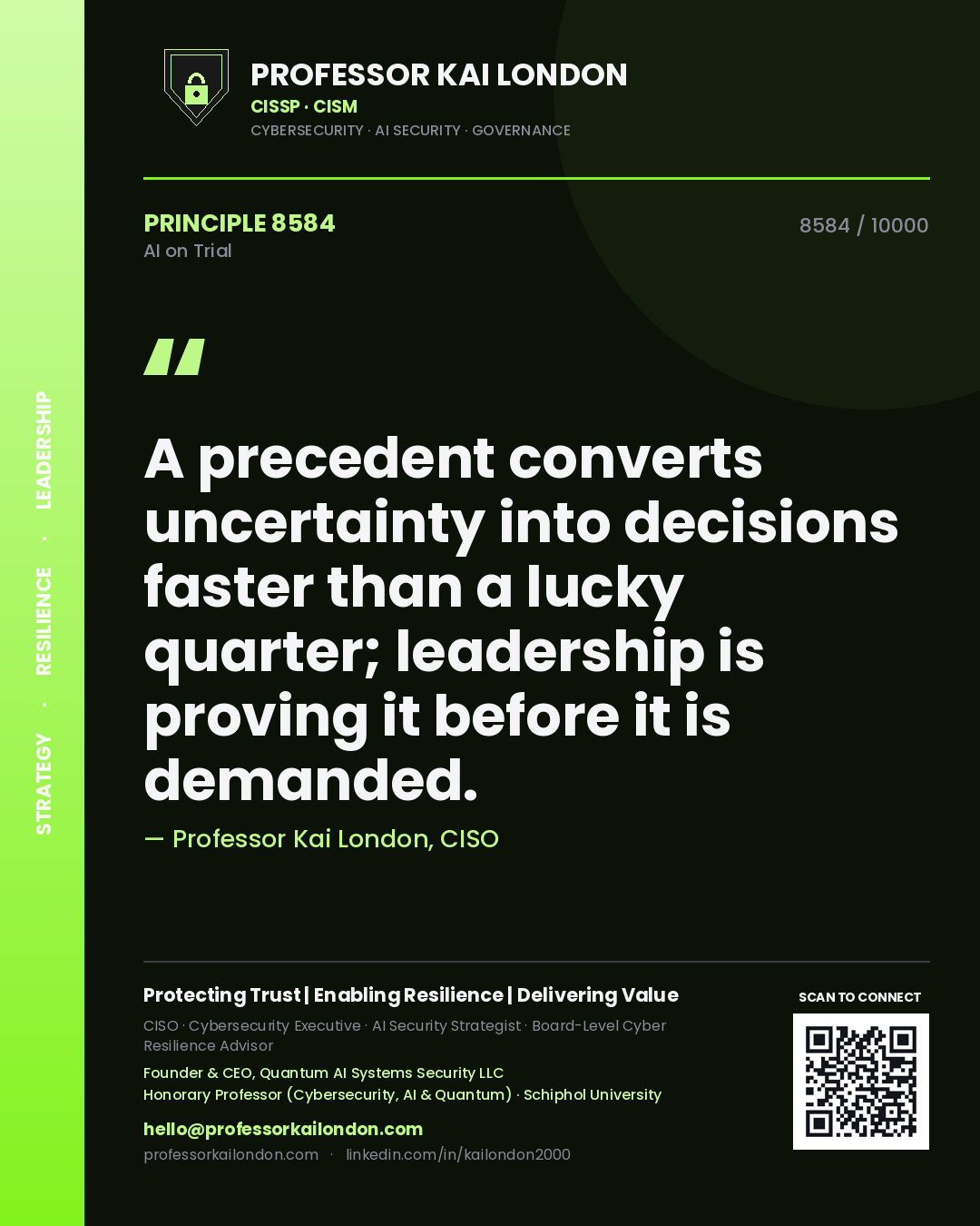 Professor Kai London principle 8584: A precedent converts uncertainty into decisions faster than a lucky quarter; leadership is proving it before it is demanded.