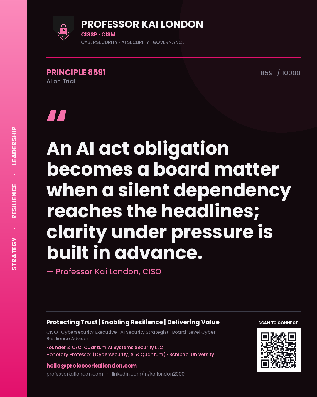 Professor Kai London principle 8591: An AI act obligation becomes a board matter when a silent dependency reaches the headlines; clarity under pressure is built in advance.