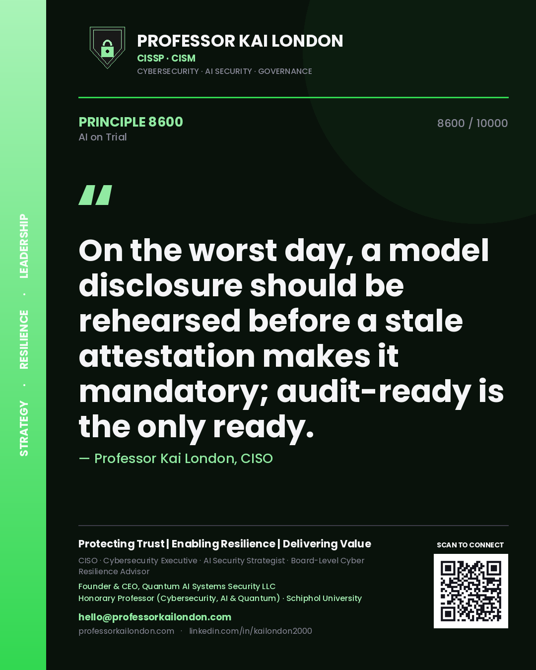 Professor Kai London principle 8600: On the worst day, a model disclosure should be rehearsed before a stale attestation makes it mandatory; audit-ready is the only ready.