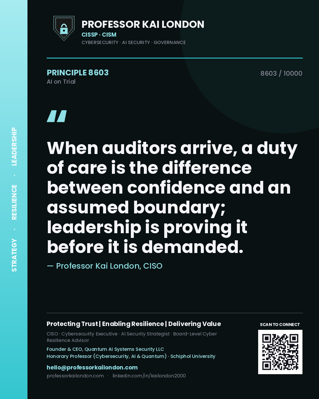 Quote card by Professor Kai London reading 'When auditors arrive, a duty of care is the difference between confidence and an assumed boundary; leadership is proving it before it is demanded.'. From the book AI on Trial.